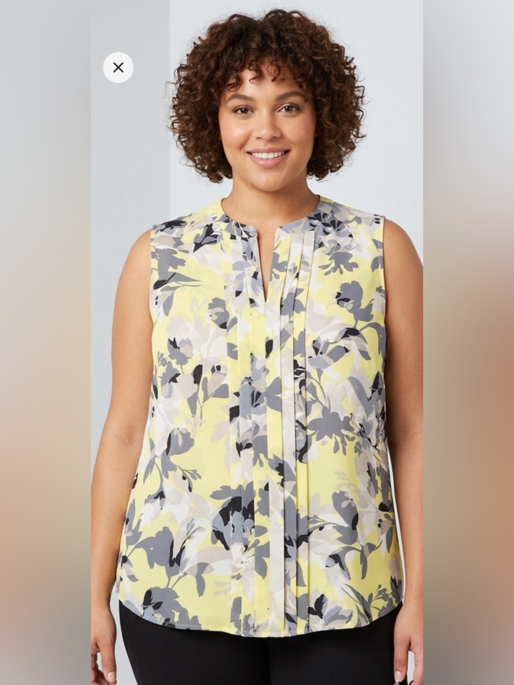 Calvin Klein Floral Sleeveless Blouse Yellow & Gray Pleated Front Women’s L-XL